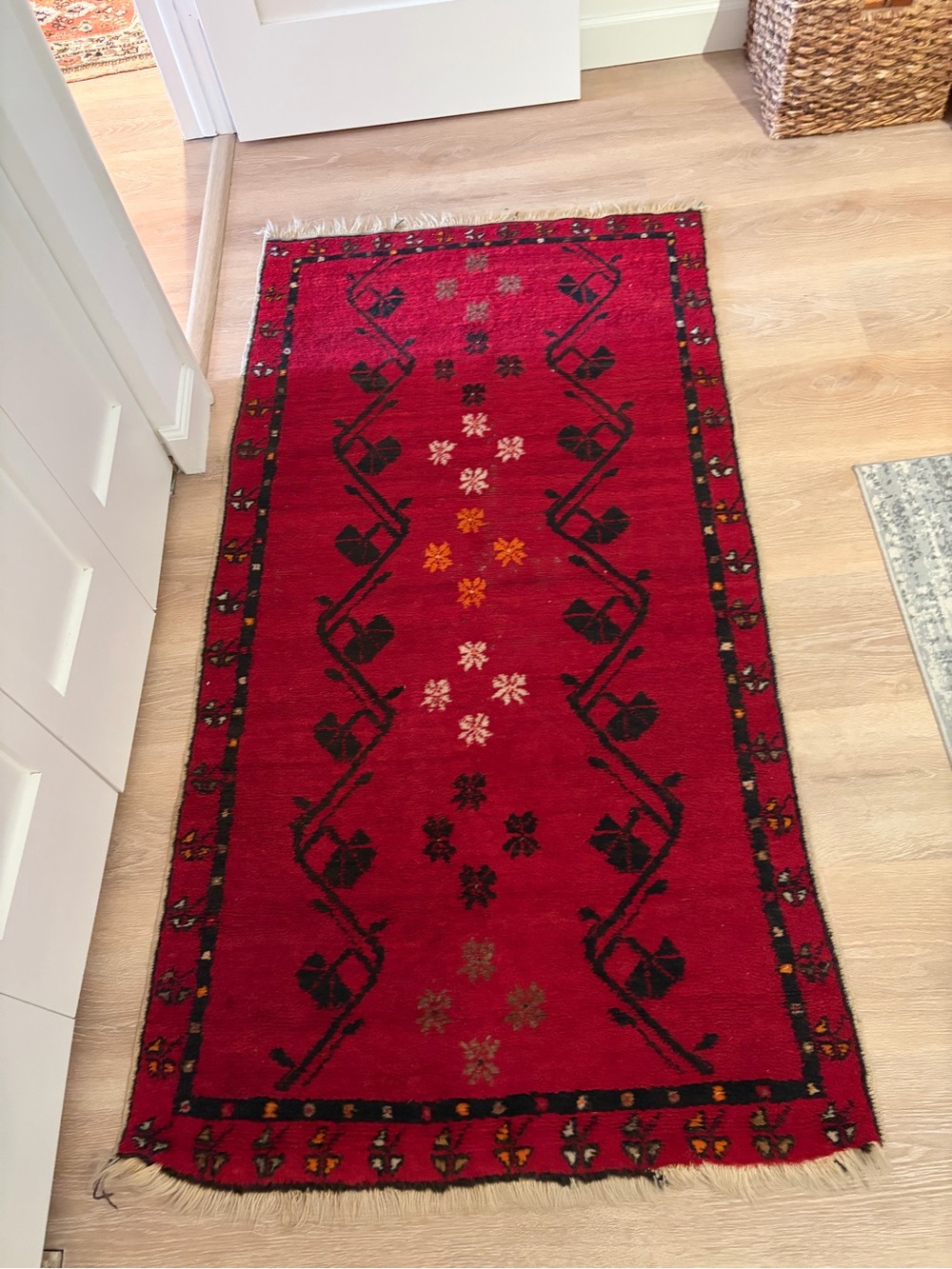 Red Area Rug Runner with Floral Motif - Unbranded